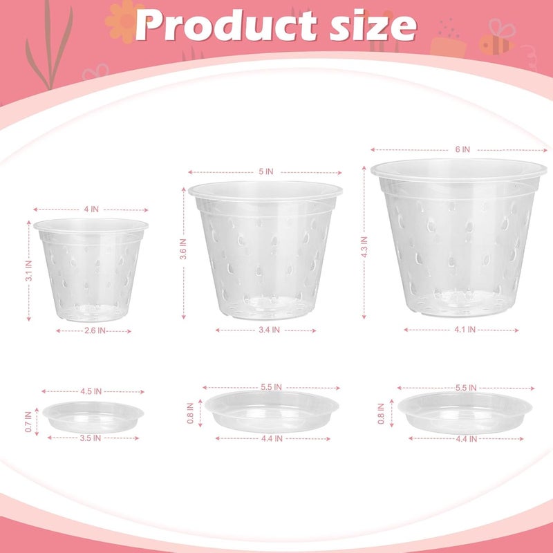 FUIJOL Orchid Pot, 6 Pack 4 5 6 Inch Clear Orchid Pots with Holes and Saucers for Repotting, Breathable Slotted Plastic Orchid Planters with Drainage for Root Health Indoor Outdoor (4/5/6 Inch) - Image 2